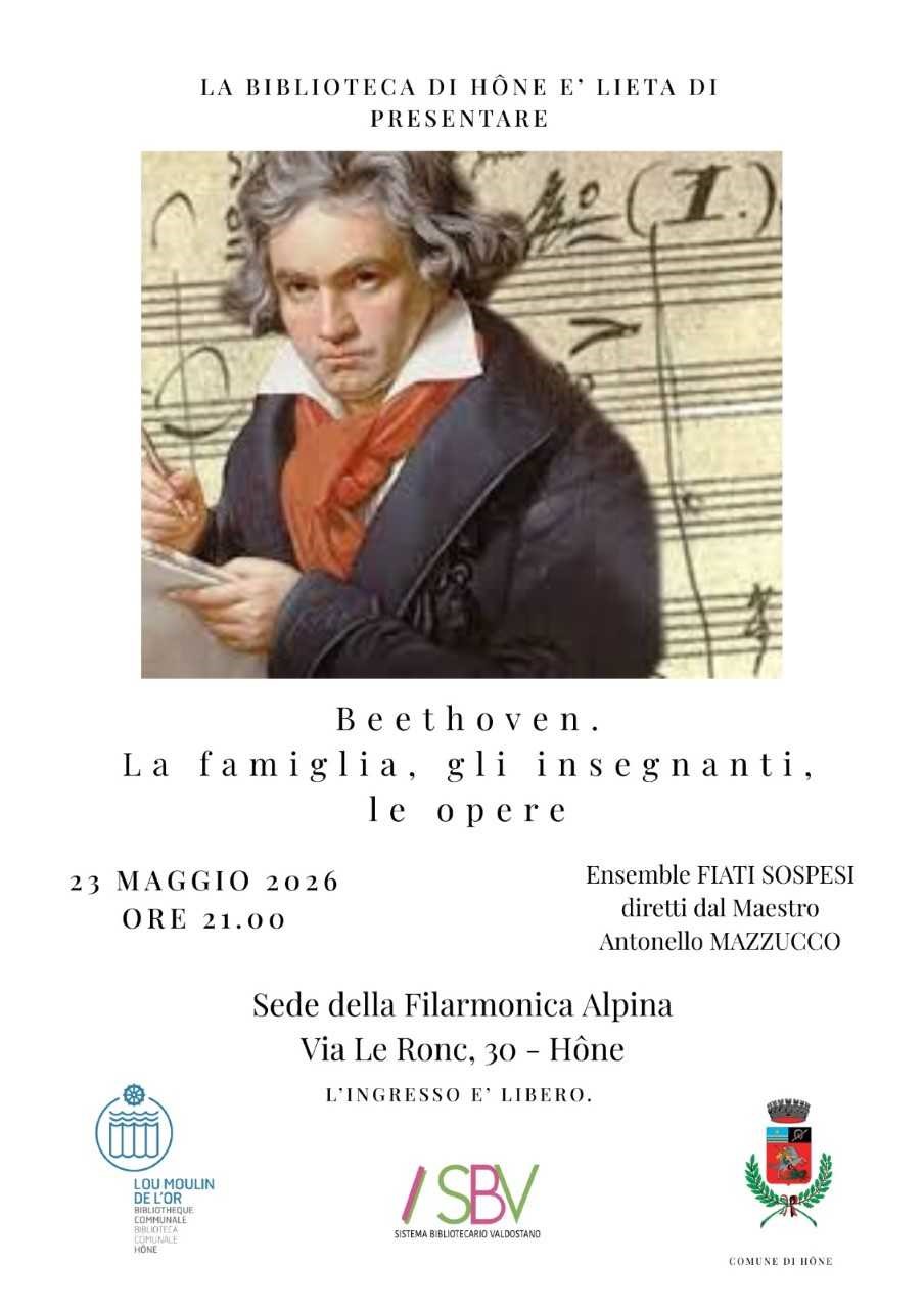 Beethoven. La famiglia, gli insegnanti, le opere.
Ensemble FIATI SOSPESI diretti dal Maestro Antonello Mazzucco.
23 maggio 2026
ore 21.00 
Sede della Filarmonica Alpina
Via Le Ronc, 30
L'ingresso è libero